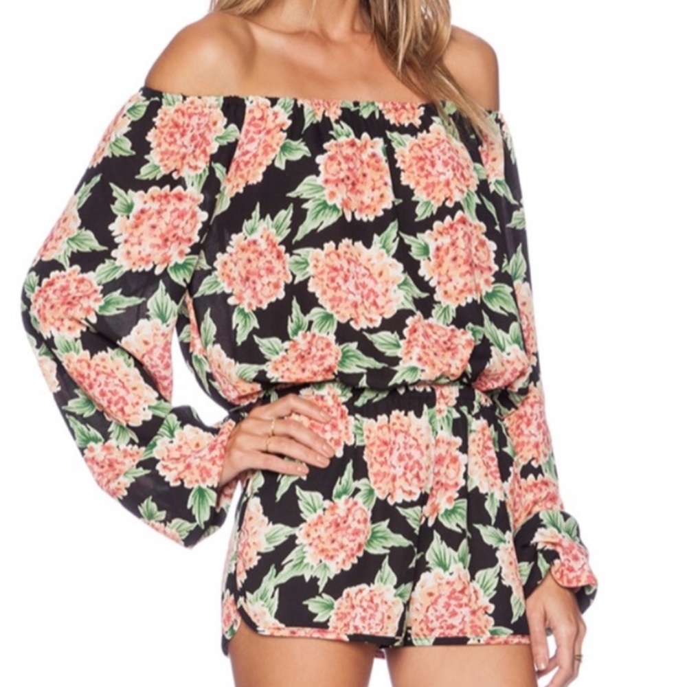 Show Me Your Mumu Rane Black Floral Off Shoulder Romper Small